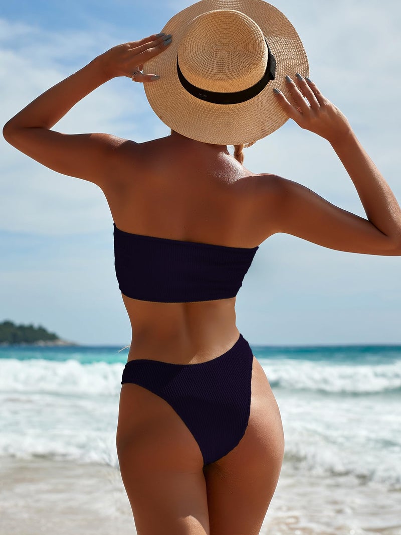 YIMISAN Women's Two Piece Bandeau Swimsuit Ribbed Strapless Tube Bikini Top with Mid Waist Cheeky Bottom Bathing Suit Black - Image 4