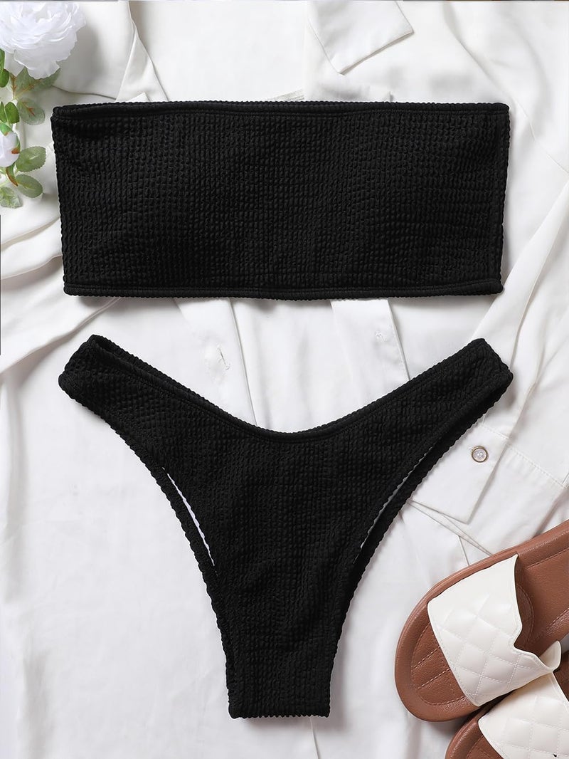 YIMISAN Women's Two Piece Bandeau Swimsuit Ribbed Strapless Tube Bikini Top with Mid Waist Cheeky Bottom Bathing Suit Black - Image 5