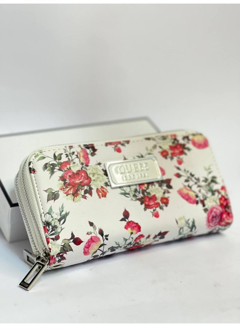 GUESS Women’s White Floral Zip Around Wallet – Elegant Multi-Print Wallet with Logo Plaque