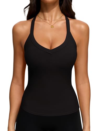 REORIA Womens Workout Tank Tops V Neck Racerback Going Out Crop 2025 Trendy Top Summer Sleeveless Ribbed Camisole Black Small - Image 5