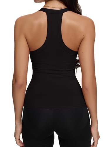 REORIA Womens Workout Tank Tops V Neck Racerback Going Out Crop 2025 Trendy Top Summer Sleeveless Ribbed Camisole Black Small - Image 3