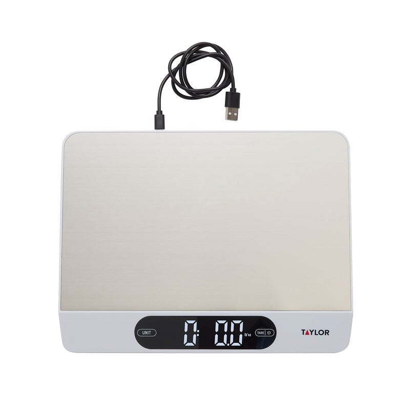 Taylor 22LB High Capacity Kitchen Food Scale with Stainless Steel Surface, Backlit Display, and USB Recharging Cord Included, White - Image 1