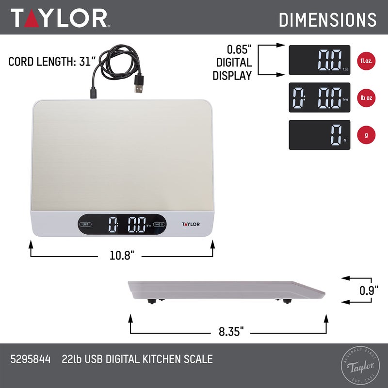 Taylor 22LB High Capacity Kitchen Food Scale with Stainless Steel Surface, Backlit Display, and USB Recharging Cord Included, White - Image 2