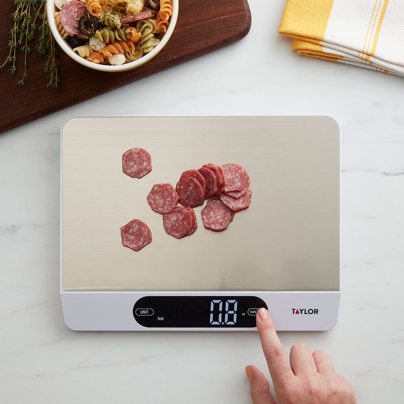 Taylor 22LB High Capacity Kitchen Food Scale with Stainless Steel Surface, Backlit Display, and USB Recharging Cord Included, White - Image 4