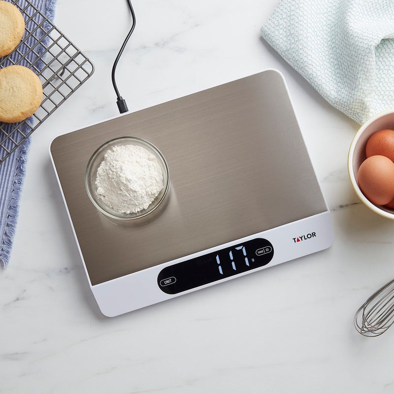 Taylor 22LB High Capacity Kitchen Food Scale with Stainless Steel Surface, Backlit Display, and USB Recharging Cord Included, White - Image 3