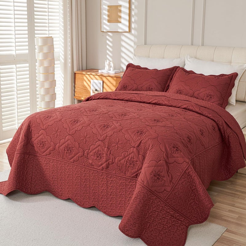 Cmfshape Floral Embroidery Quilt Set,3 Pieces King Quilt Bedding Set,Classic Diamond Pattern Quilts,Ultra Soft Lightweight Reversible Bedspread Coverlets for All Season(Burgundy,102"x90") - Image 3