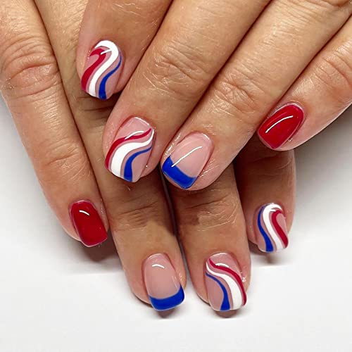 MABKJLF 4th of July Independence Day Patriotic Press on Nails Short Square Red Blue Line Designs Glossy Reusable Fake Acrylic Stick on Nails for Women Girls 24Pcs - Image 1
