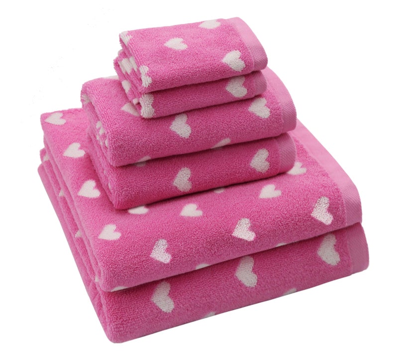 ORIGINAL KIDS 6 Piece Towel Set Bath Time Hearts 2 Bath Towels 2 Hand Towels 2 Washcloths 100 Cotton Jacquard Colorful Soft Absorbent Pool Beach Kids Towel Gift Pink White