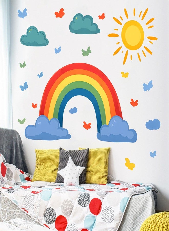 Eutecado Rainbow Wall Decals Watercolor Sun Cloud Wall Stickers for Kids Room, Cute Cloudy Rainbow Wall Decor Butterfly Sun Decorations Peel and Stick Removable Decals for Girls Room Nursery - Image 1