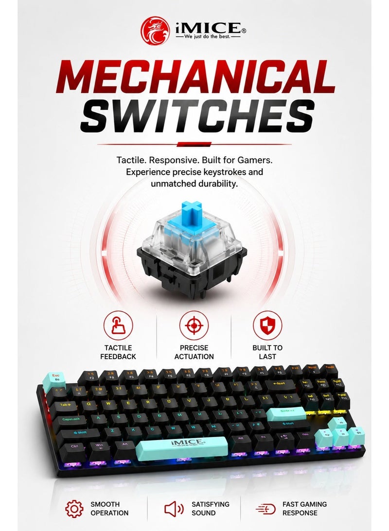 iMice RGB Mechanical Gaming Keyboard – 87-Key Compact Design with 6-Color LED Backlight, 28 Custom Lighting Modes & 12 Multimedia Hotkeys for Ultimate Performance - Image 3