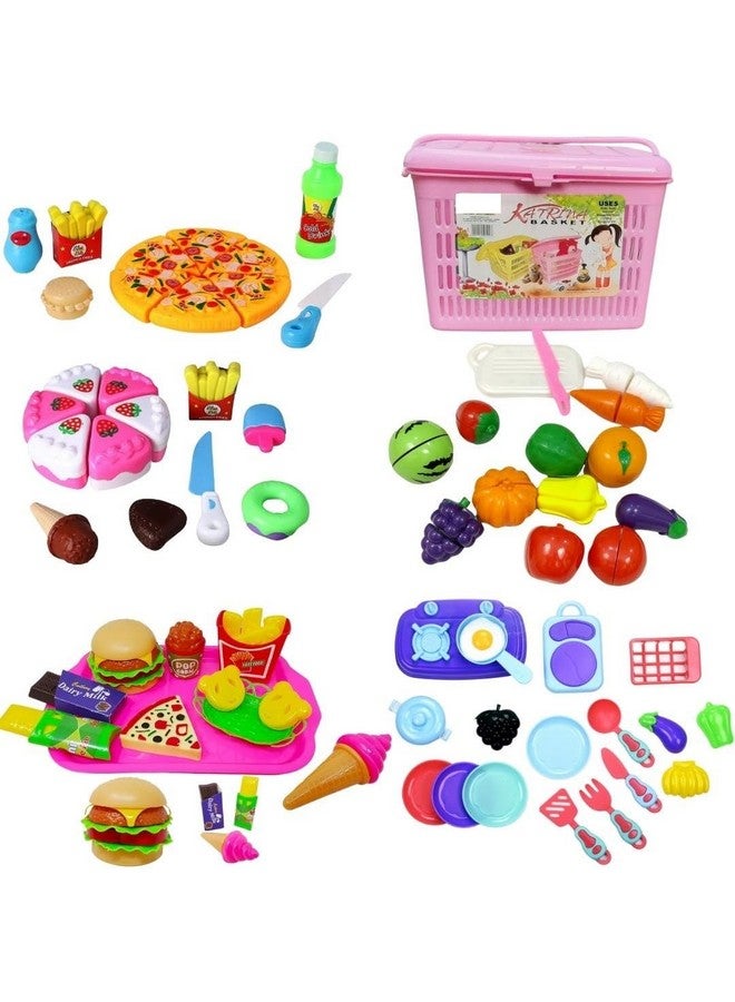 بلس بوينت لعبة تقطيع الفاكهة الكبيرة من بلس بوينت مع سلة تخزين، مجموعة لعب تظاهرية واقعية لتقطيع الفواكه والخضروات للأطفال تتضمن (كعكة + بيتزا + وجبات سريعة + فاكهة + خضروات + مطبخ (السلة الكبيرة) - Image 1