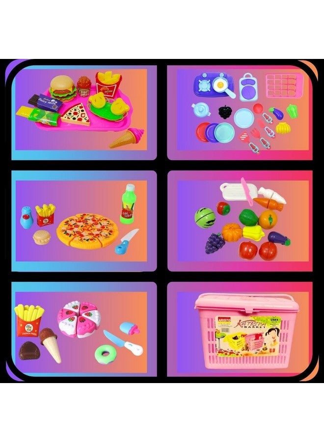 بلس بوينت لعبة تقطيع الفاكهة الكبيرة من بلس بوينت مع سلة تخزين، مجموعة لعب تظاهرية واقعية لتقطيع الفواكه والخضروات للأطفال تتضمن (كعكة + بيتزا + وجبات سريعة + فاكهة + خضروات + مطبخ (السلة الكبيرة) - Image 2