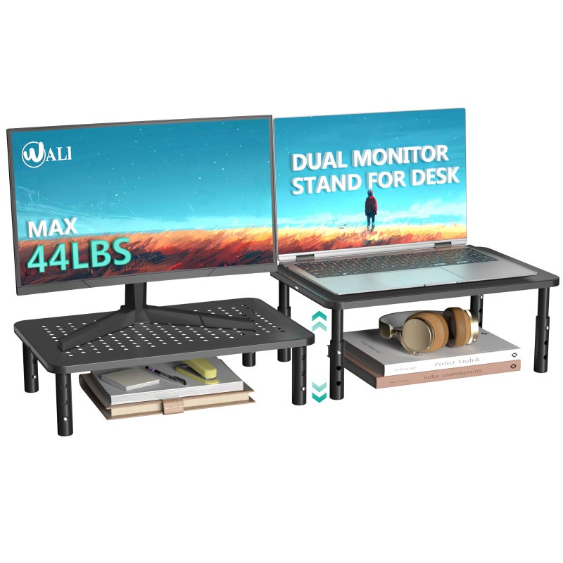 WALI Dual Monitor Stand for Desk, Desk Monitor Riser 3 Height Adjustable, Laptop Riser with Airflow Vents, Desk Organizer for Computer, Laptop, Printer, Notebook (STT003-2), 2 Pack, Black - Image 1