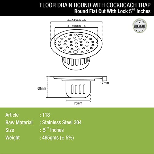 LIPKA Round Flat Cut Floor Drain | 304-Grade Stainless Steel | 5.5 Inches |Floor Drain with Cockroach Trap & Jali - Image 2