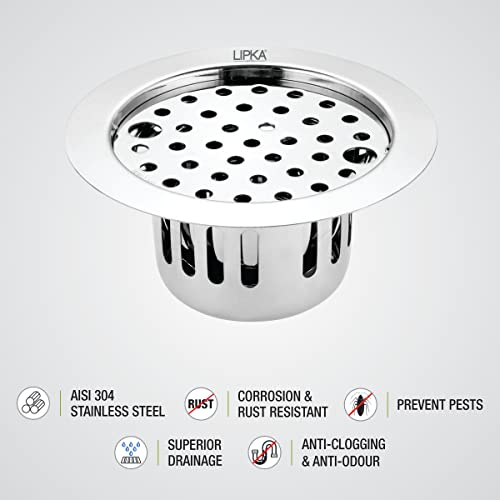 LIPKA Round Flat Cut Floor Drain | 304-Grade Stainless Steel | 5.5 Inches |Floor Drain with Cockroach Trap & Jali - Image 5