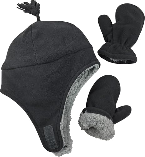 N'Ice Caps Toddler Baby Winter Hat Mitten Set – Kids Boys Girls Gloves Fleece Sherpa Lined (Black 1, 2-3 Years) - Image 1