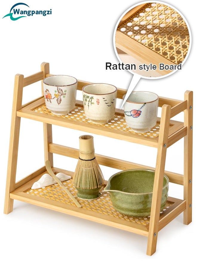 WangPangZi Rattan-Look 2-Tier Coffee Station Organizer, Narrow Mug Holder Countertop, Wicker-Look Tea and Matcha Bar Station Organizer, Bamboo Matcha Stand, Cup Display Shelf, Condiment Storage Rack for Kitchen Counter Cabinet, 2 Tier for Kitchen Condiment, Home, Office - Image 1