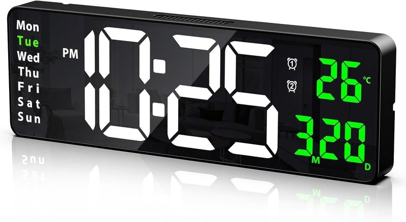 BluBasket 1 Pc Silent Digital Wall Clock Large Display 162 Inch with Date Week Temperature LED Clock with Remote Control for Living Room Decor Office Kitchen Countdown White DigitGreen - Image 1