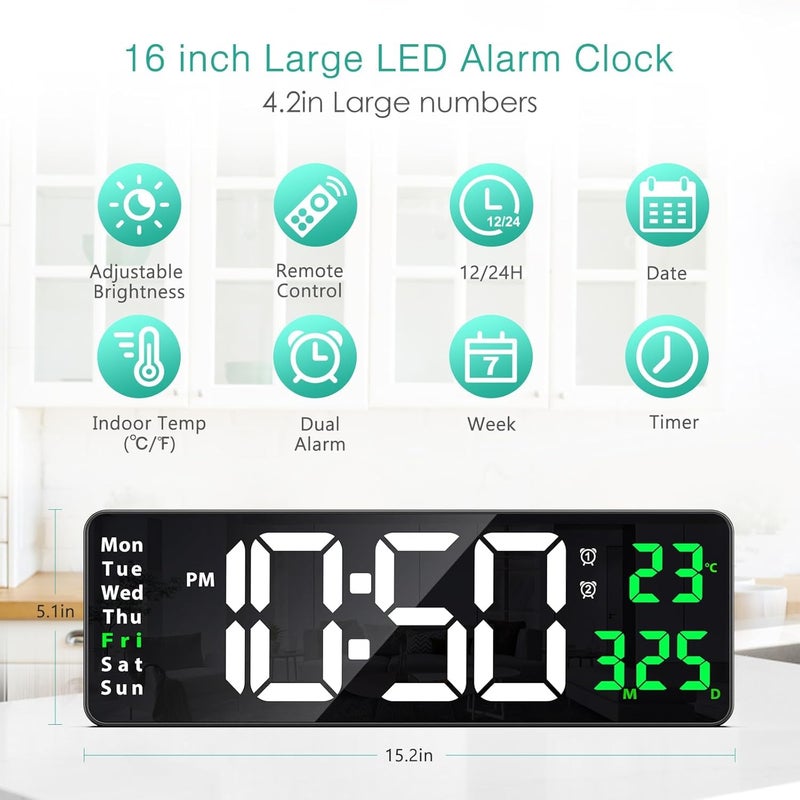 BluBasket 1 Pc Silent Digital Wall Clock Large Display 162 Inch with Date Week Temperature LED Clock with Remote Control for Living Room Decor Office Kitchen Countdown White DigitGreen - Image 4