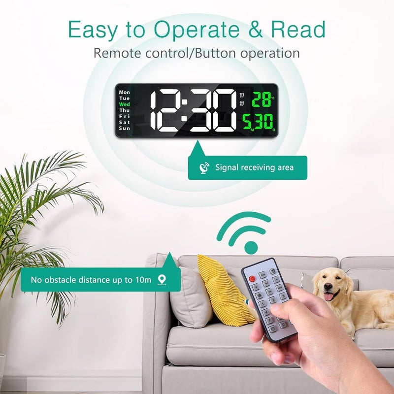 BluBasket 1 Pc Silent Digital Wall Clock Large Display 162 Inch with Date Week Temperature LED Clock with Remote Control for Living Room Decor Office Kitchen Countdown White DigitGreen - Image 3
