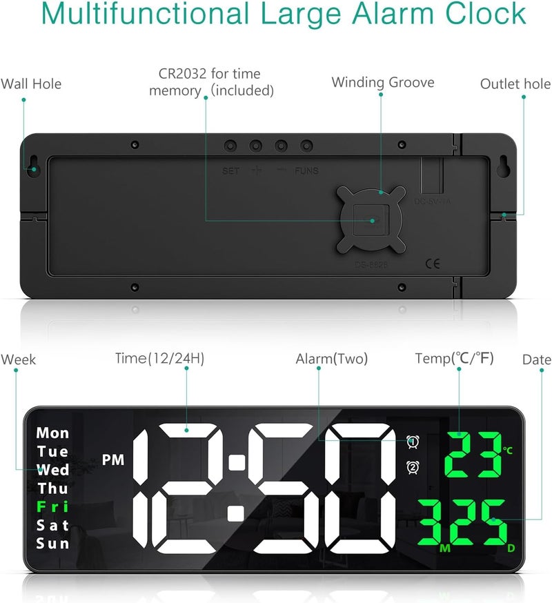 BluBasket 1 Pc Silent Digital Wall Clock Large Display 162 Inch with Date Week Temperature LED Clock with Remote Control for Living Room Decor Office Kitchen Countdown White DigitGreen - Image 5