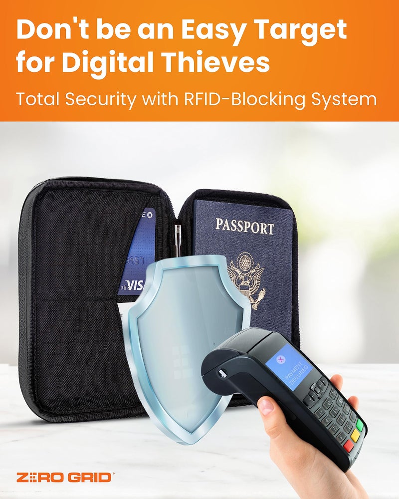 Zero Grid حافظة جواز السفر ومحفظة السفر مع حجب RFID - حقيبة تنظيم مستندات فاخرة للرجال والنساء - تحمل جوازات السفر، البطاقات، التذاكر، الهوية، النقود - محفظة مضغوطة بسحاب - منتصف الليل - Image 2