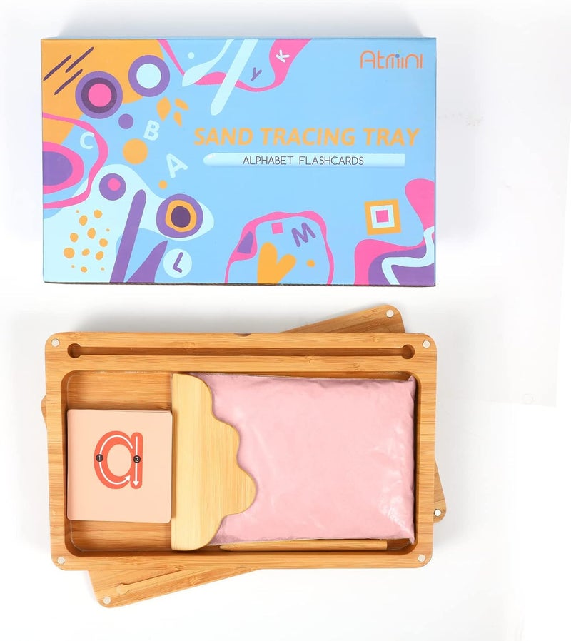 AtMini Pink Wooden Montessori Sand Tray with Lid - Classroom Sandbox for Kids Writing Letters and Numbers - Image 4