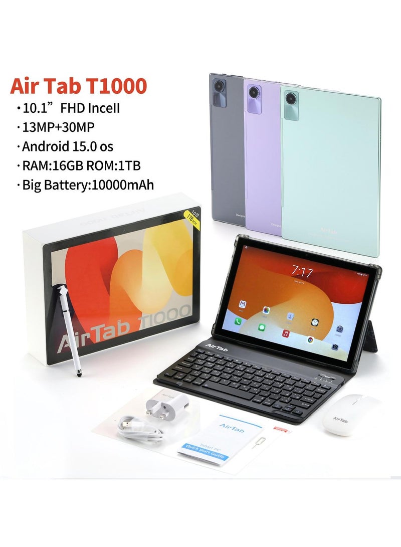 AirTab T1000 Smart Tablet 10.1-FHD Inch Display 16GB RAM 1TB ROM – With 10000mAh Big Barrery Arabic Keyboard Green - Image 1