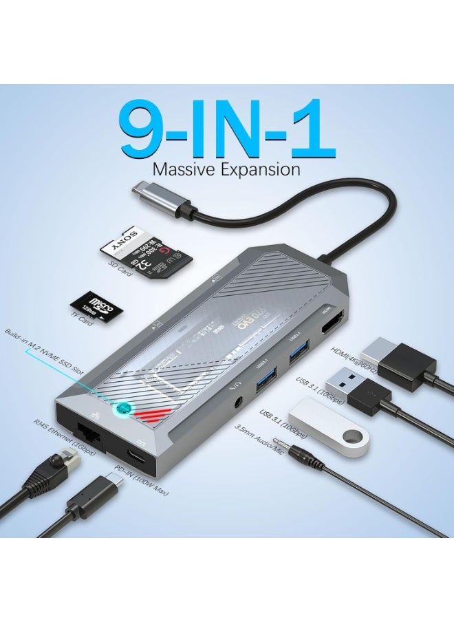 ريدراجون موزع USB-C 9 في 1 مع حاوية SSD لـ M.2 NVMe، موزع HDMI بدقة 4K بمعدل 60 هرتز، شحن PD بقوة 100 وات، إيثرنت بسرعة 1 جيجابت في الثانية، منفذا USB-A 3.1 بسرعة 10 جيجابت في الثانية، قارئ بطاقات SD/TF، ​​صوت 3.5 مم لأجهزة MacBook Pro/XPS/Dell/المزيد  - Image 2