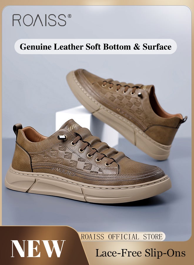 roaiss Men's Genuine Leather Retro Fashion Slip-On Sneakers Men's Soft-Soled Comfortable Non-slip Casual Shoes Daily Commuting Breathable Formal Loafers Brown - Image 1