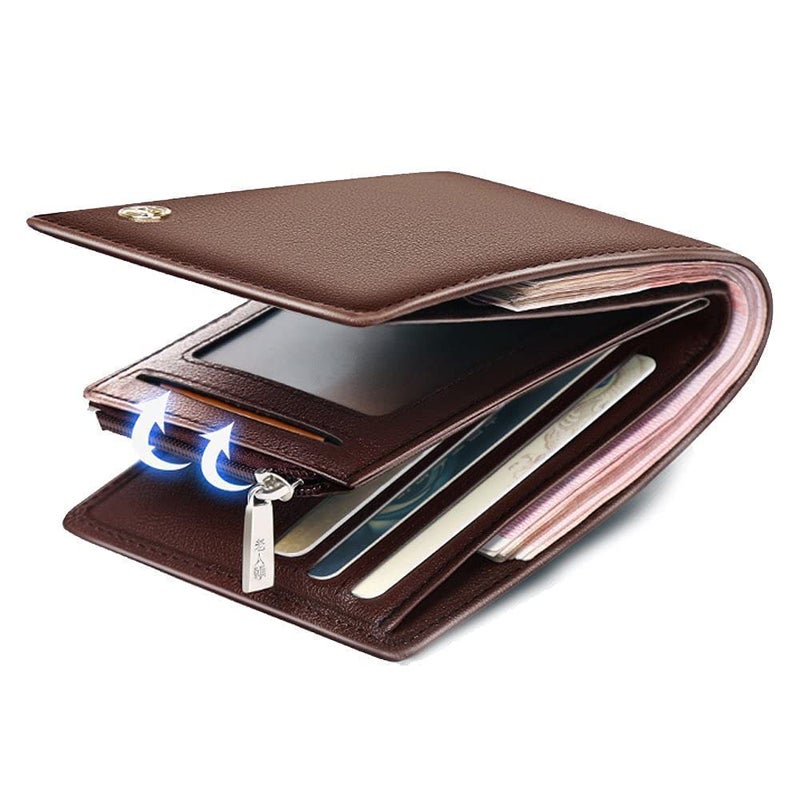 LAORENTOU Genuine Leather Wallets for Men Short Billfold Wallet with Zipper Pocket Mens Clutch Wallet Purses Credit Card Holders Gift for Father Day (01 Brown) - Image 3