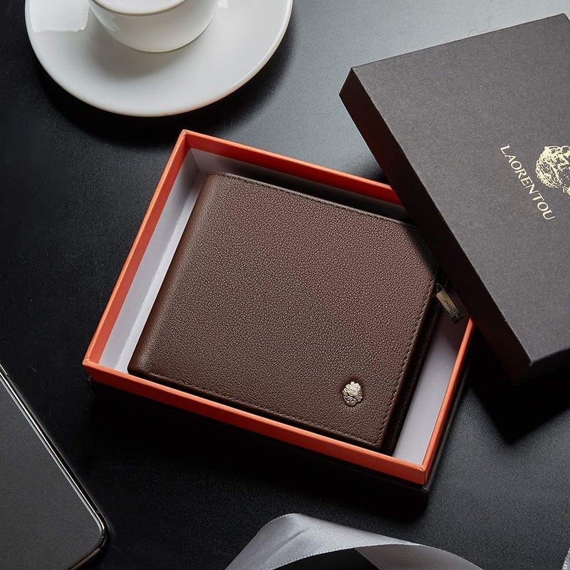 LAORENTOU Genuine Leather Wallets for Men Short Billfold Wallet with Zipper Pocket Mens Clutch Wallet Purses Credit Card Holders Gift for Father Day (01 Brown) - Image 5