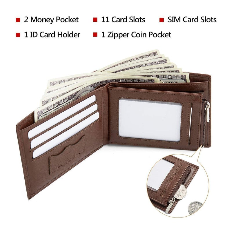 LAORENTOU Genuine Leather Wallets for Men Short Billfold Wallet with Zipper Pocket Mens Clutch Wallet Purses Credit Card Holders Gift for Father Day (01 Brown) - Image 4
