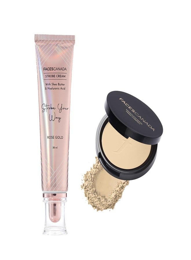 Facescanada FACES CANADA Stay Flawless Combo | Rose Gold Strobe Cream (30 ml) & Weightless Stay Matte Finish Compact Powder - Natural (9 gm) | Highlighter Glow | Flawless Finish | Hides Imperfections - Image 1