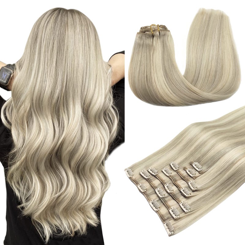 MAXITA Clip in Hair Extensions Real Human Hair 16 Inch 7 pcs Ash Blonde Highlighted Platinum Blonde 80g Extensions Clip ins for Woman