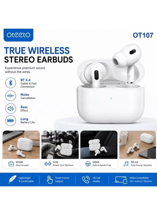 Oteeto OT107 True Wireless Bluetooth 5.4 Earbuds with Noise Reduction, Deep Bass, and HD Microphone - White - Image 3