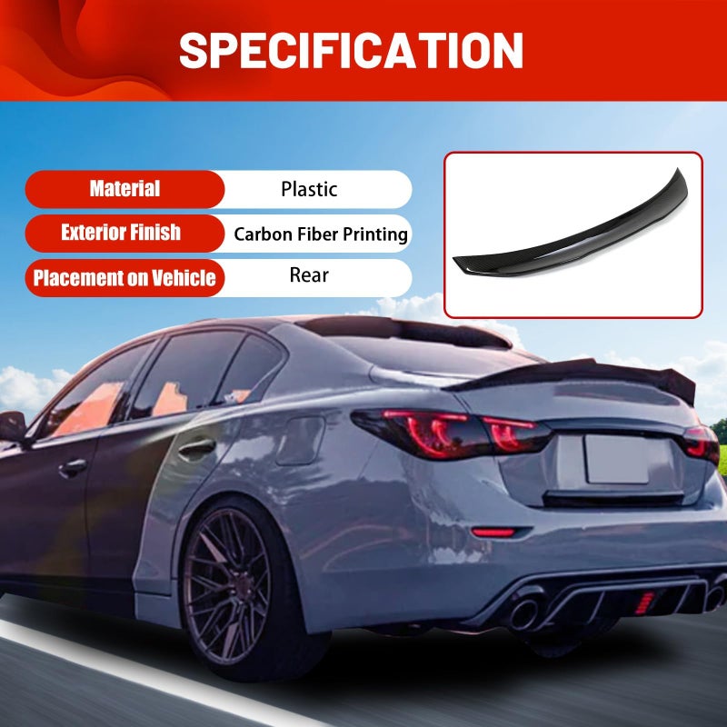 ECOTRIC Rear Trunk Duckbill Spoiler Wing Compatible with 2014-2024 Infiniti Q50, Carbon Fiber Printing Spoiler H Style Duckbill - Image 5