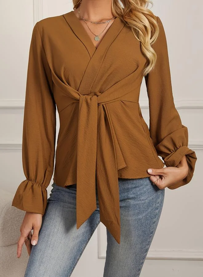 Take Two Coffee Brown Tie-Waist Long Sleeve Top