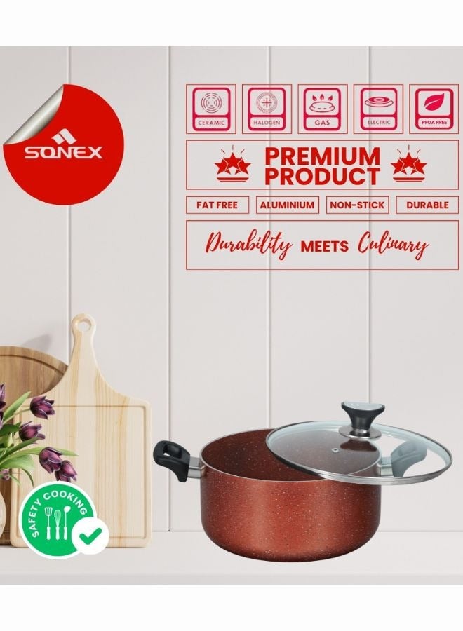 SONEX طقم طهي سونكس كاسرول الفاخر، تسخين متساوي، غطاء زجاجي مقسى، ألمنيوم عالي الجودة، طلاء غير لاصق، مقبض باكليت مقاوم للحرارة، بناء متين، سهل التنظيف، 26 سم. - Image 2
