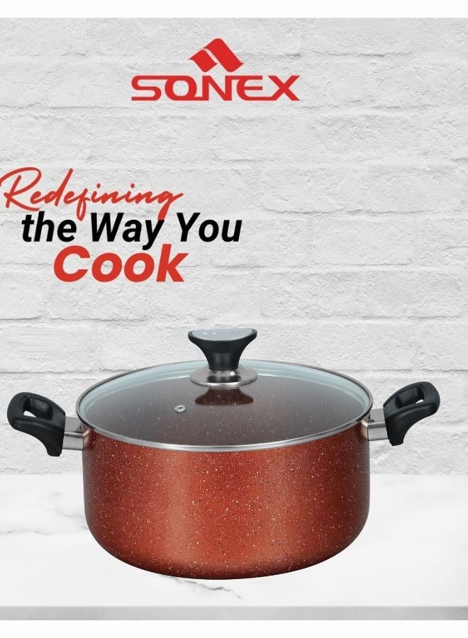 SONEX طقم طهي سونكس كاسرول الفاخر، تسخين متساوي، غطاء زجاجي مقسى، ألمنيوم عالي الجودة، طلاء غير لاصق، مقبض باكليت مقاوم للحرارة، بناء متين، سهل التنظيف، 26 سم. - Image 3