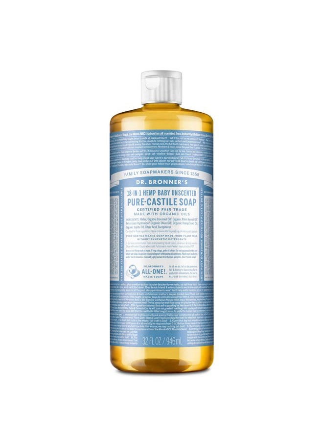 Dr. Bronner's Pure Castile Liquid Soap - Made with Regenerative Organic Certified Oils - 18-in-1 Uses for Face, Body, Hand Gentle on Baby & Sensitive Skin Body Wash Unscented,32oz  - Image 1