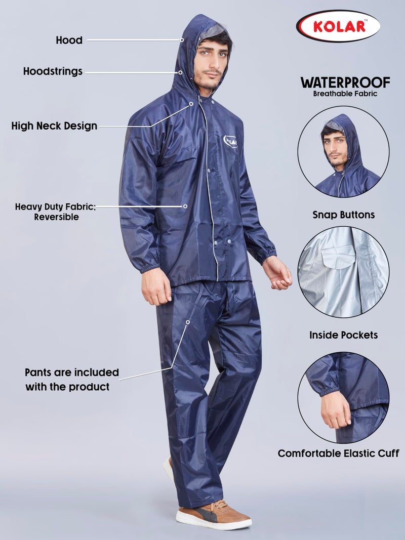 KOLAR Reversible WaterProof Rain Coat Crafted with Durable Material Men's Hooded Rain Suit with Jacket and Pant with Inside Pocket, Navy Blue - XL - Image 2