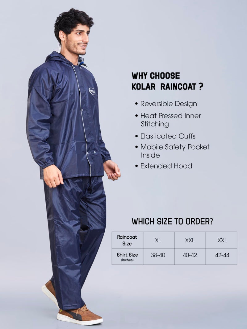 KOLAR Reversible WaterProof Rain Coat Crafted with Durable Material Men's Hooded Rain Suit with Jacket and Pant with Inside Pocket, Navy Blue - XL - Image 3