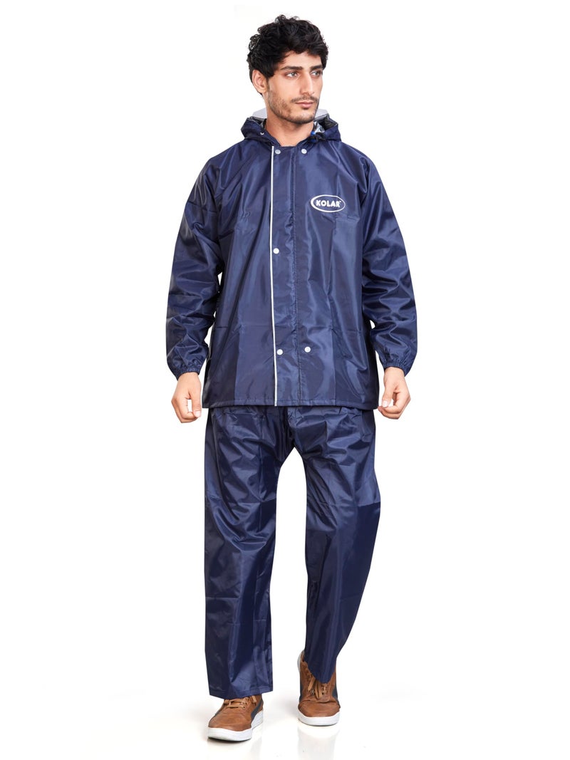 KOLAR Reversible WaterProof Rain Coat Crafted with Durable Material Men's Hooded Rain Suit with Jacket and Pant with Inside Pocket, Navy Blue - XL - Image 1
