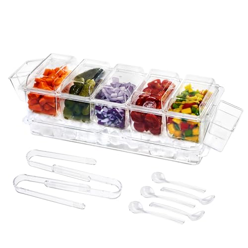 IVYHOME Chilled Condiment Server | Taco Bar Serving Set for Party | Chilled Condiment Tray with Lid and 5 Removable Compartments - Image 1