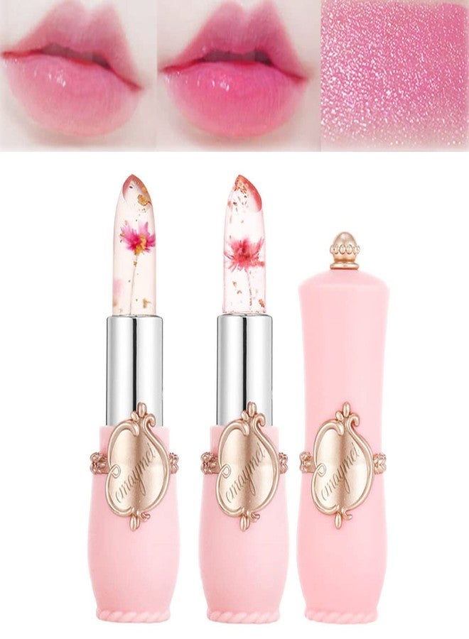 Paminify 2Pcs Jelly Clear Crystal Flower Magic Lipstick Tinted Lip Balm Nourishing Moisturizing Lip Stick labial magicos,pink - Image 1
