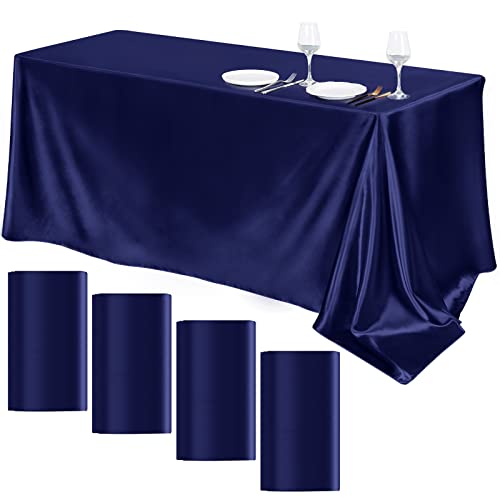 TURSTIN 4 Packs Satin Tablecloth 102 x 58 Inch Overlay Satin Table Cover Rectangle Bright Silk Tablecloth Smooth Fabric Table Decoration for Wedding Banquet Party Events Navy Blue