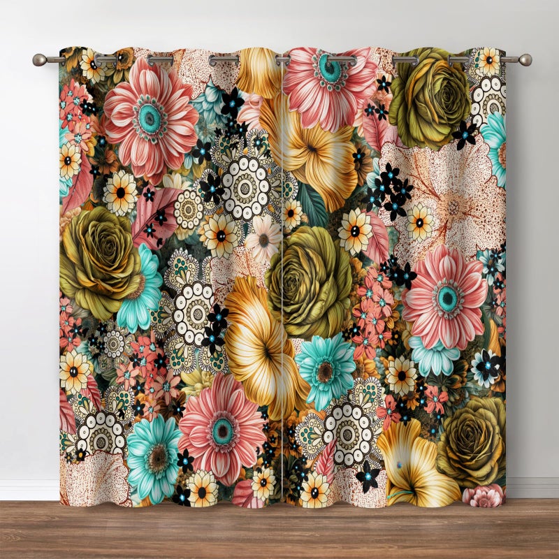 Jekeno Boho Floral Blackout Curtains Colorful Flowers Bohemian Decor for Women Kids Girls Bedroom Living Room Grommet Window Drapes 2 Panel Set 42x84