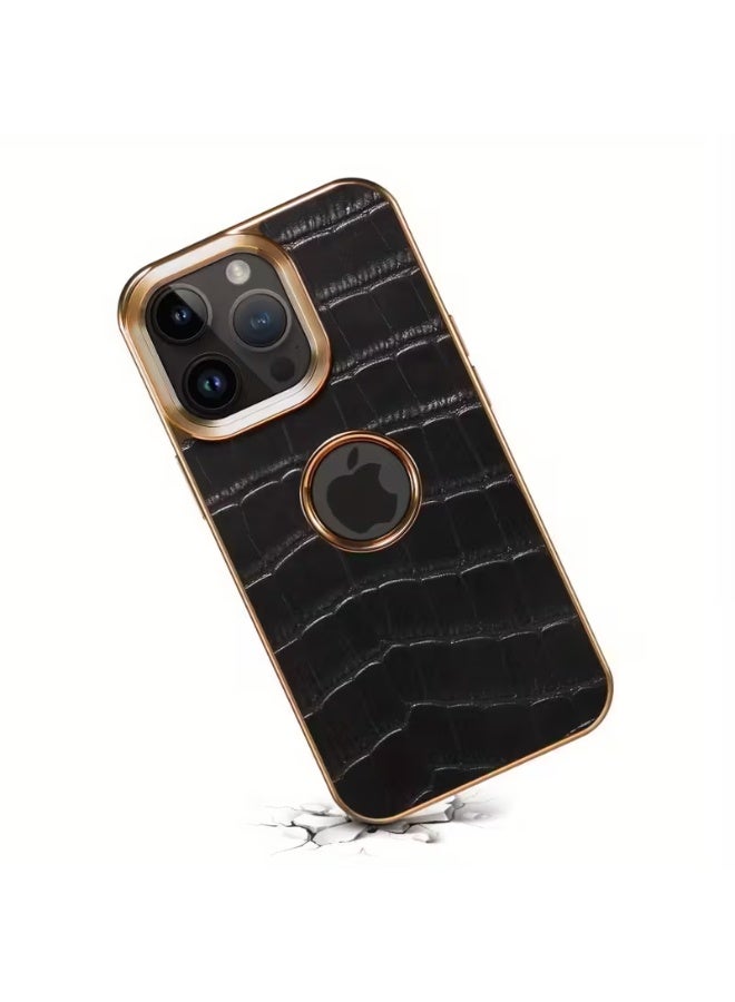 Temu Luxury High Quality Leather Phone Case, Black Genuine Leather Crocodile Pattern Protects Phone From Drops And Scratches Compatible With iPhone 16 Pro - Image 1