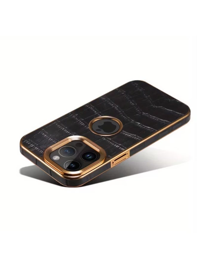 Temu Luxury High Quality Leather Phone Case, Black Genuine Leather Crocodile Pattern Protects Phone From Drops And Scratches Compatible With iPhone 16 Pro - Image 2
